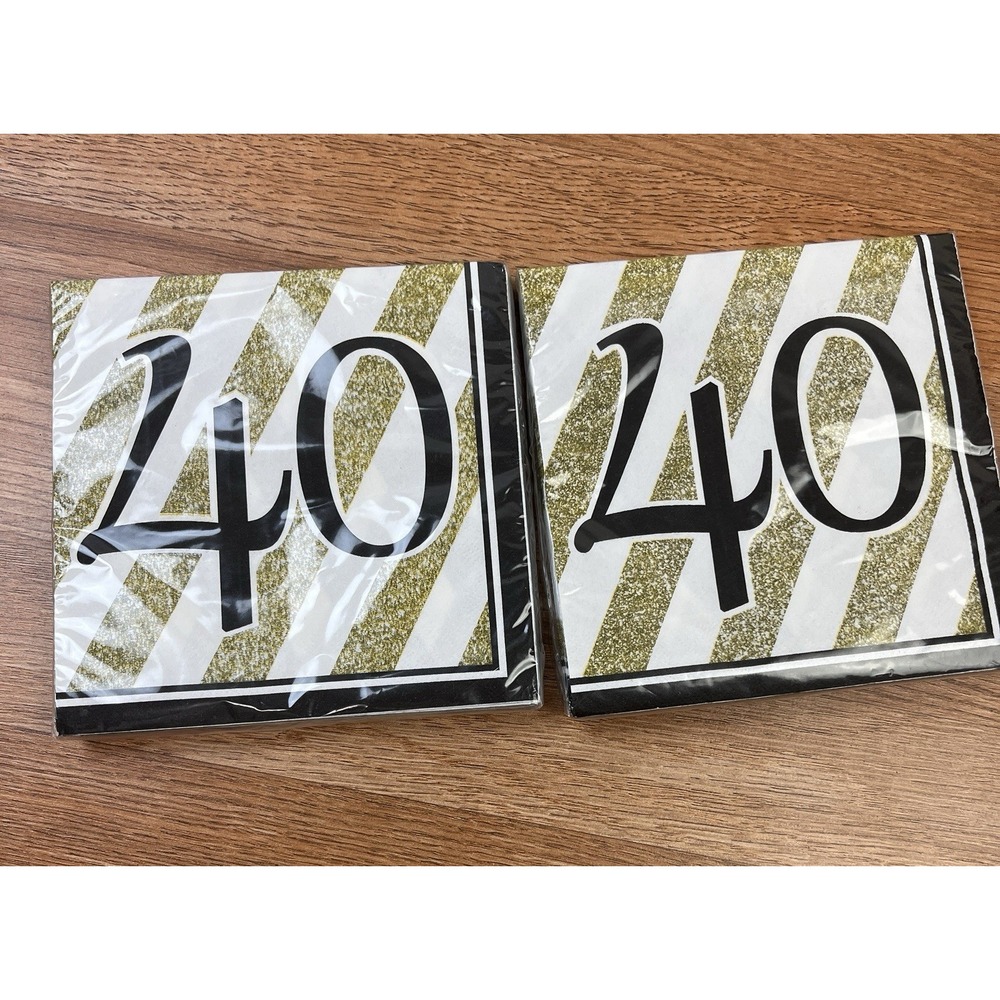 Lot of 2 Packages of 16, 40th Birthday Napkins Black/Gold/White 32 Total‎ NEW